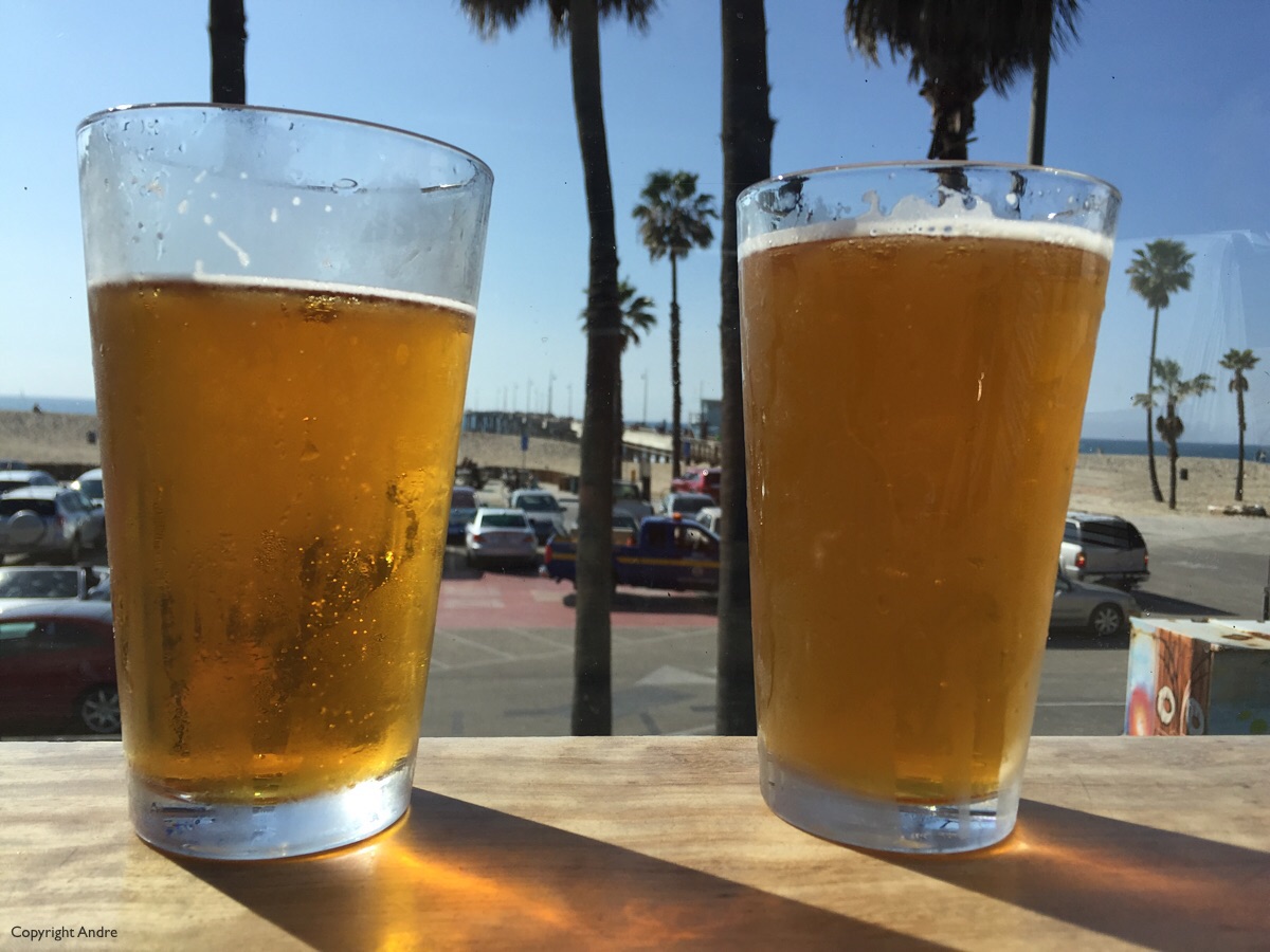 Two drafts waiting to be drunk down at The Whaler on Venice Beach.