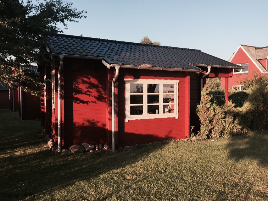 Our little cabin at Naldmose camping ground. The shore is behind me so we look out onto it from the cabin's windows.