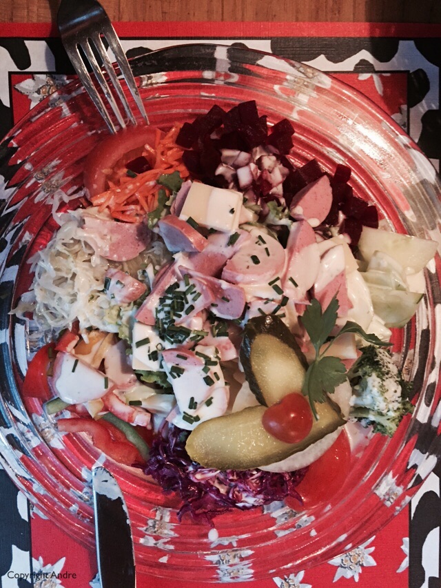 Rose's salad with sausage, cheese and everything else.