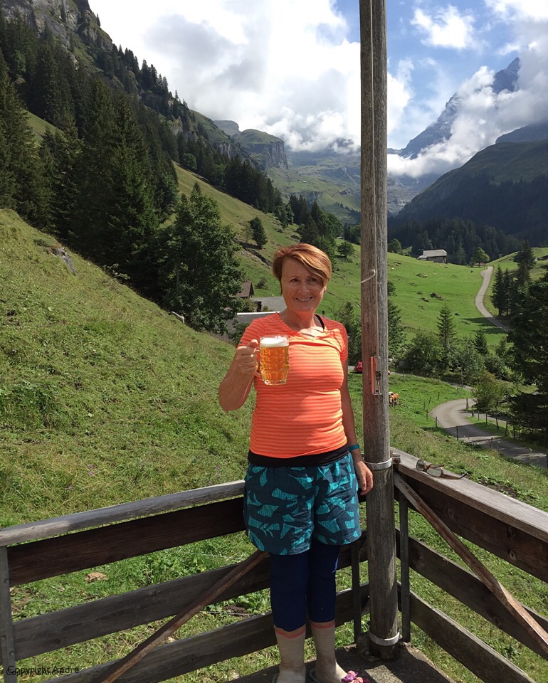 Enjoying a well earned beer. Our trail is somewhere in the background.